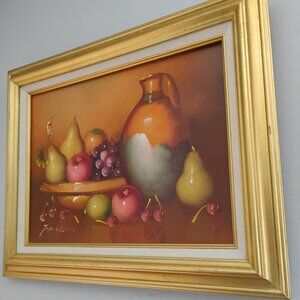 Frank Lean Signed  Fruit Basket Painting, 21w x 17l Professionally Framed